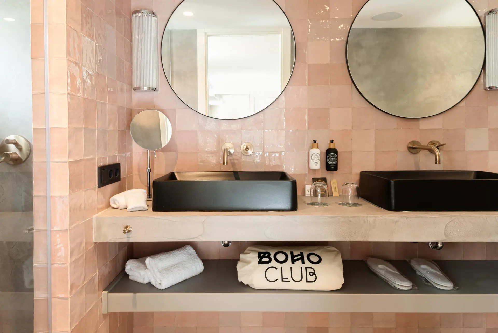 Bungalow bathroom with handmade tiles and twin basins at Boho Club