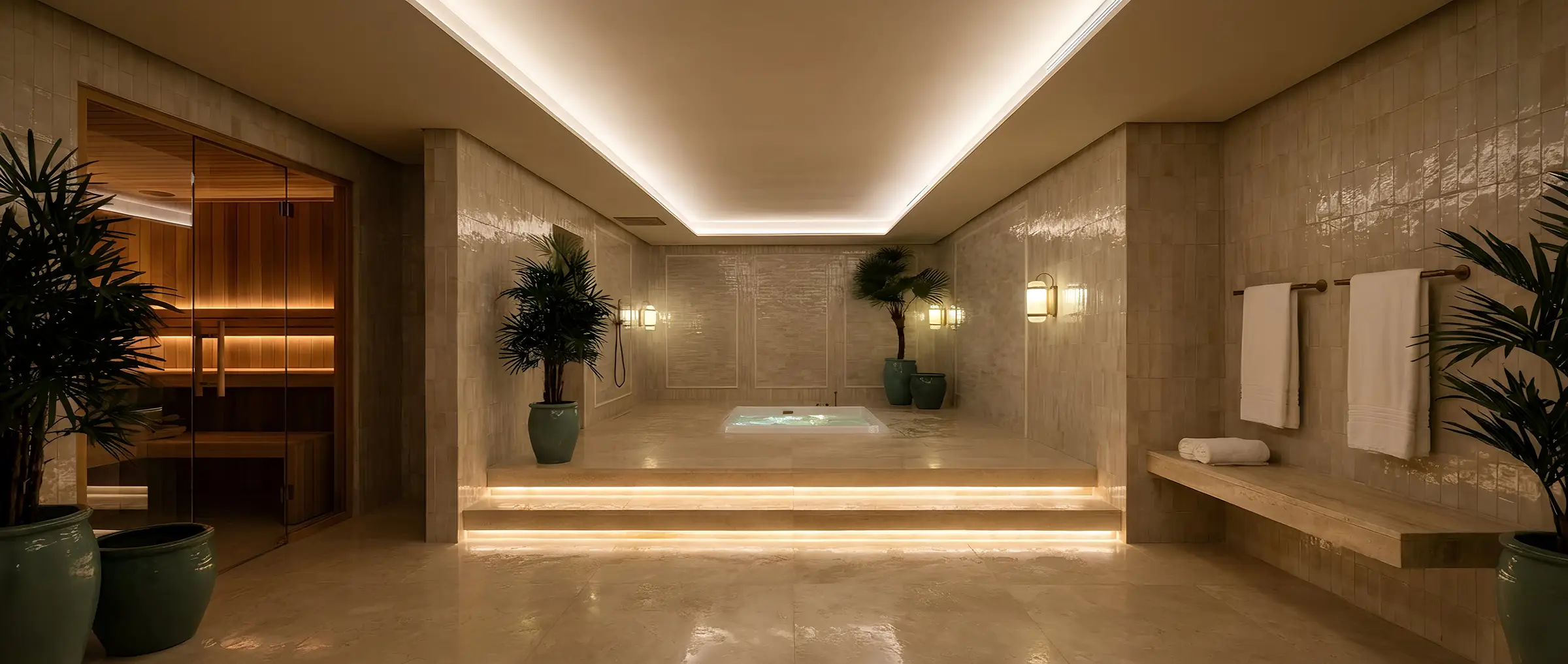 Villa renovation in Marbella: private spa with jacuzzi in Calacatta marble by Realta Constructions