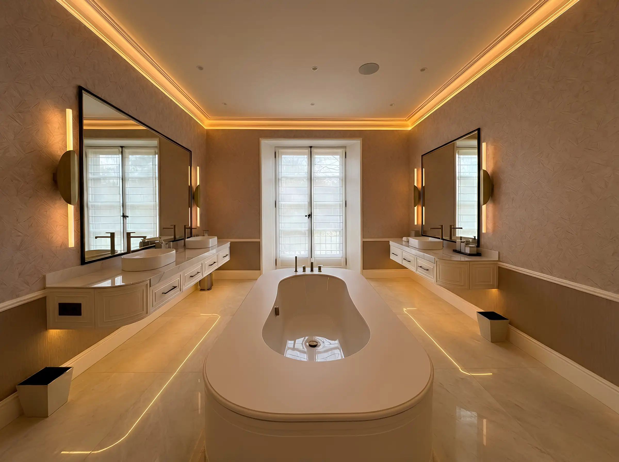Principal bathroom with freestanding bath between curved vanities