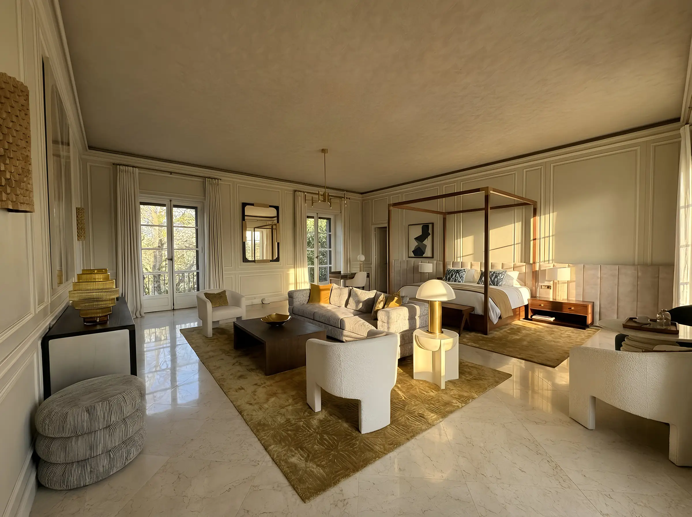 Principal suite with panelling, canopy bed and marble floor in a Marbella villa
