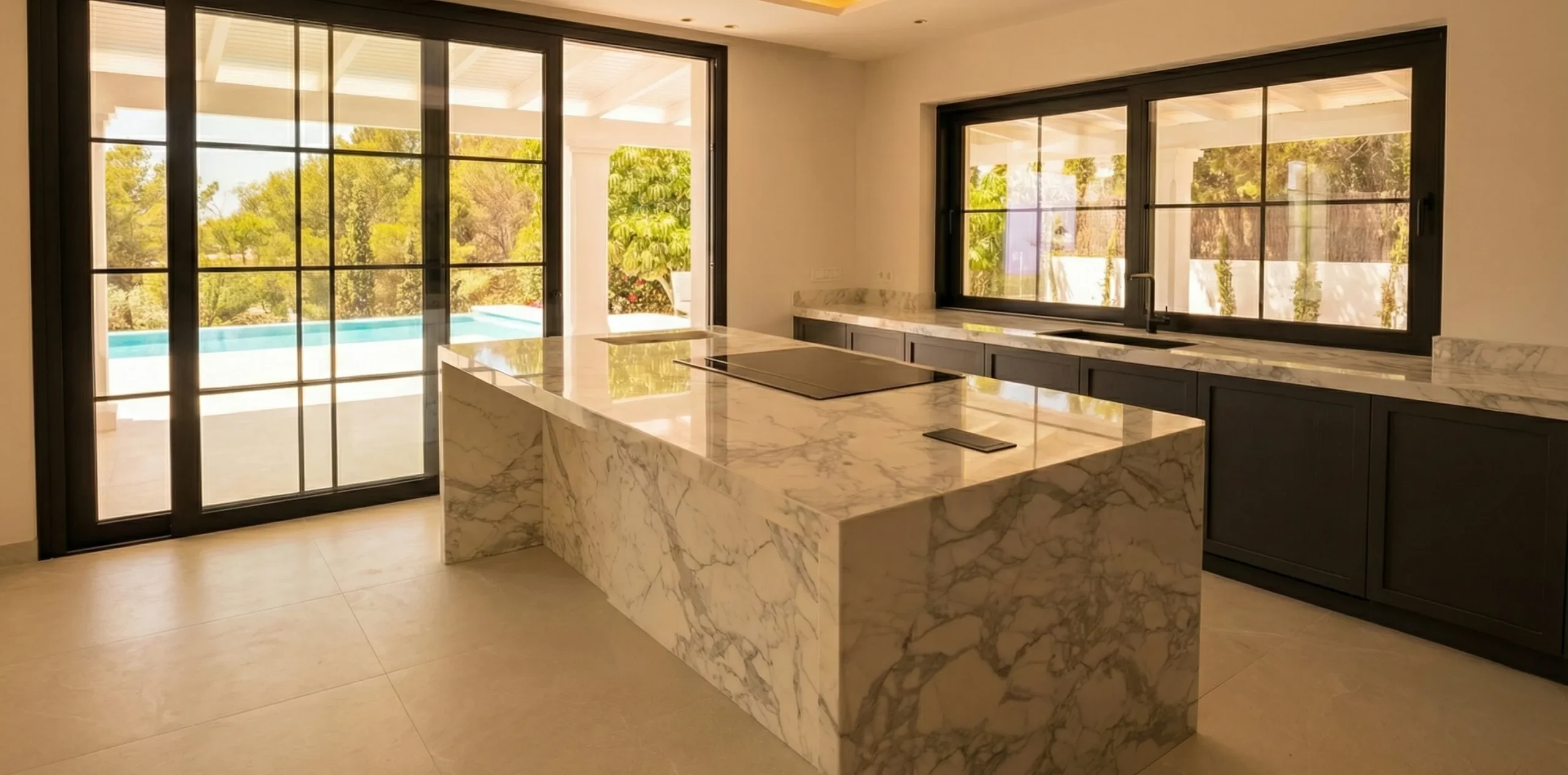Kitchen with Calacatta marble waterfall island and pool views, Villa Montua