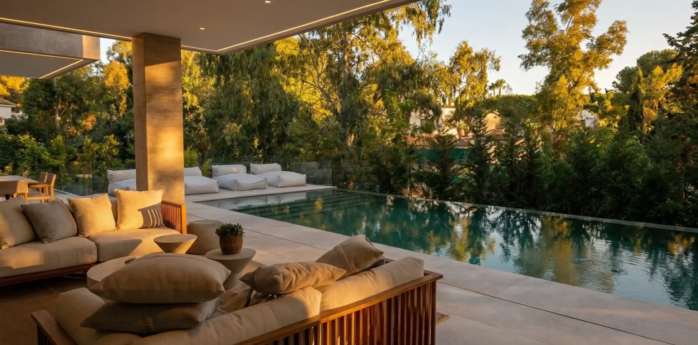 Pool terrace at sunset with outdoor sofas on Qstone Ivory paving