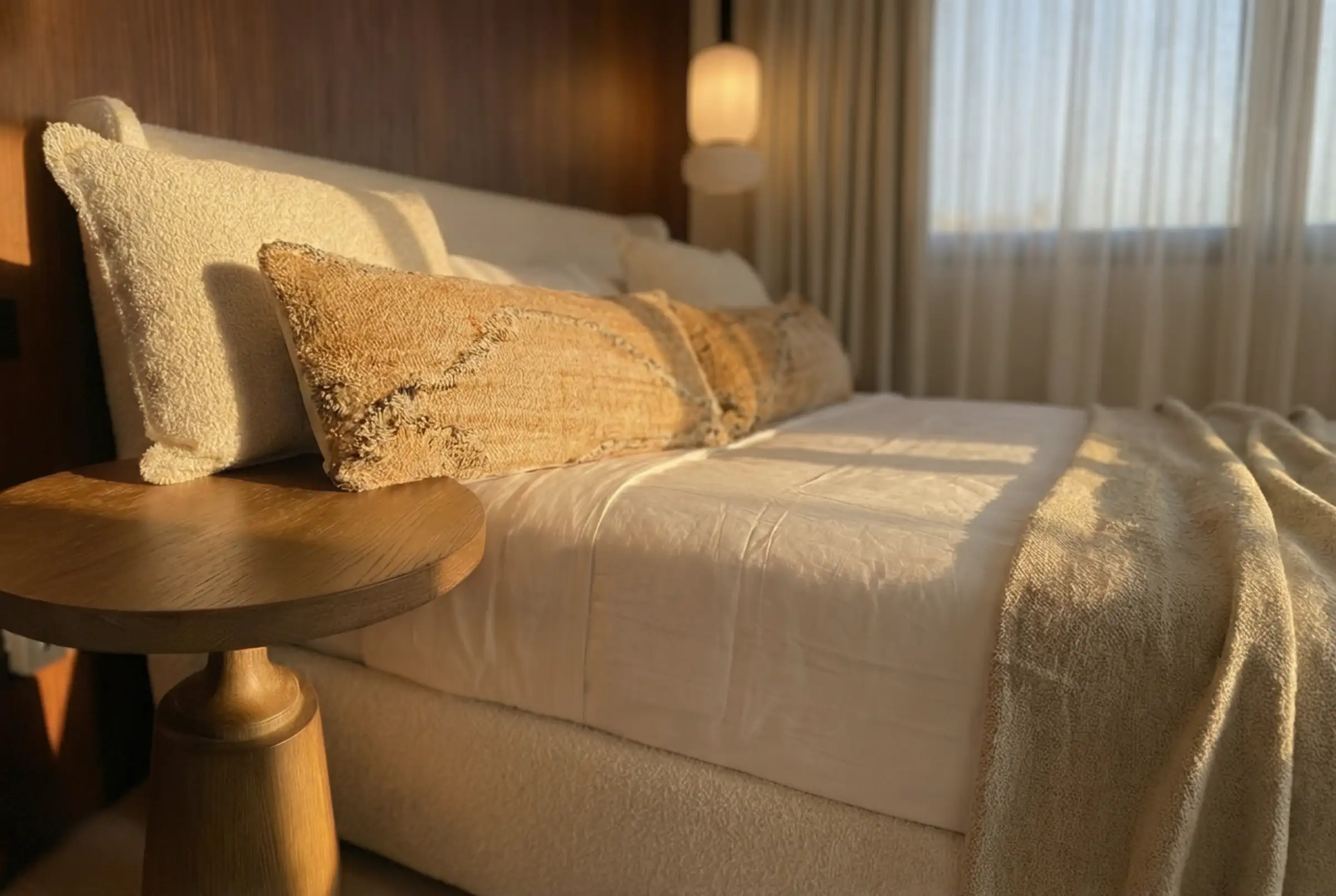 Bedroom corner with crisp plaster junctions and concealed lighting