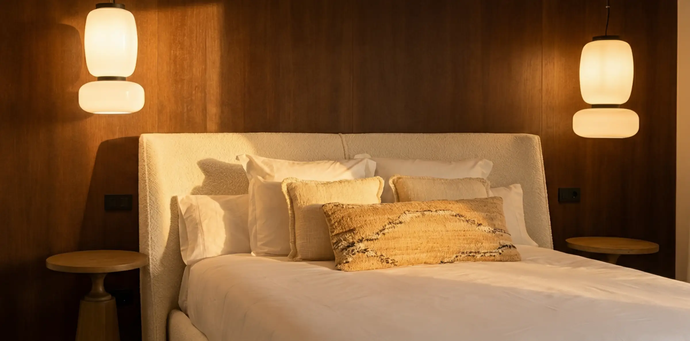 Bedroom detail with timber panelling and linen bedding