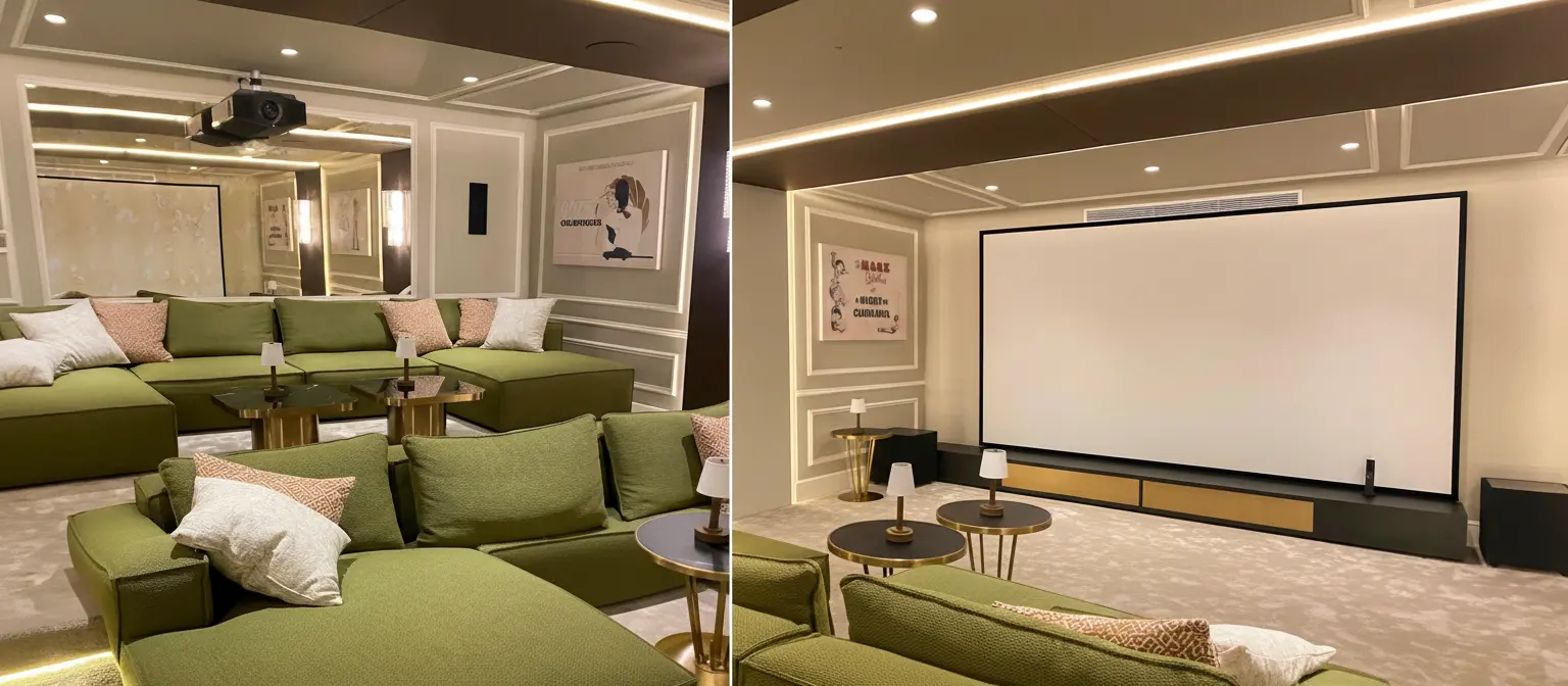 Private cinema with acoustic wall panels and ambient lighting